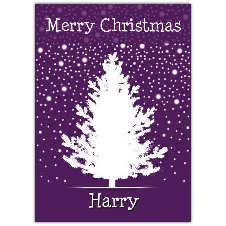 Personalised Merry Christmas Card with White Tree on Purple Snowflake Background
