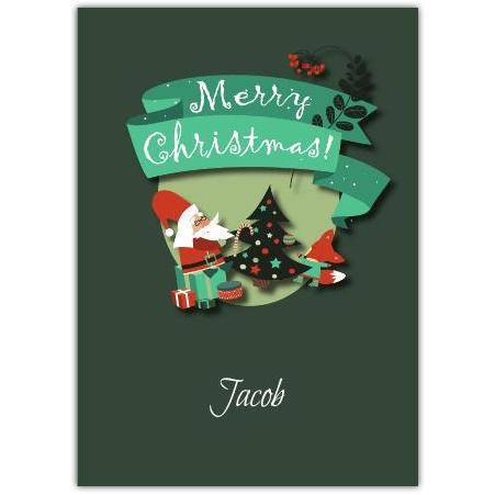 Personalised Merry Christmas Card with Santa Tree and Holly Festive Design