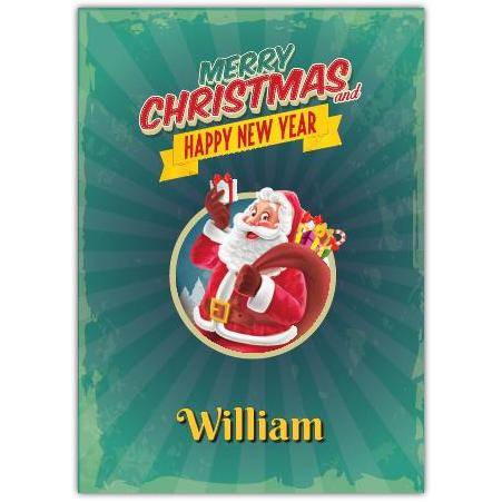 Personalised Santa Christmas and Happy New Year Card Green Background