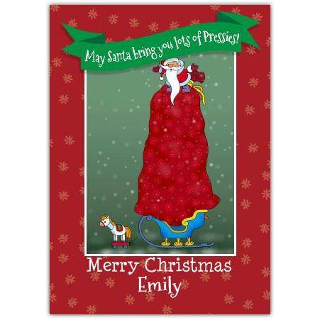 Personalised Merry Christmas Card with Santa and Huge Sack of Presents Design