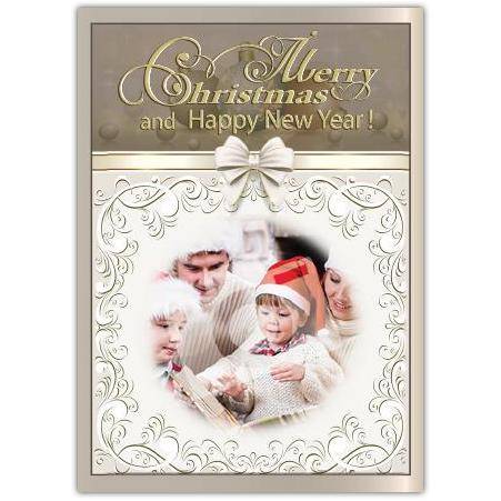 Personalised White Bow Christmas and Happy New Year Photo Card with Gold Foil Design