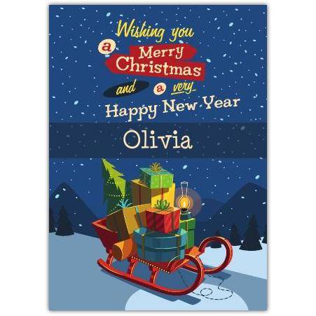 Personalised Christmas and Happy New Year Card with Presents on Sleigh Winter Scene