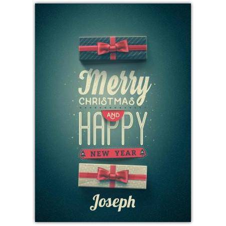 Personalised Merry Christmas and Happy New Year Card with Green Gift Boxes and Red Bows
