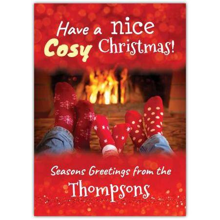 Personalised Cozy Christmas Socks Family Fireplace Seasons Greetings Card