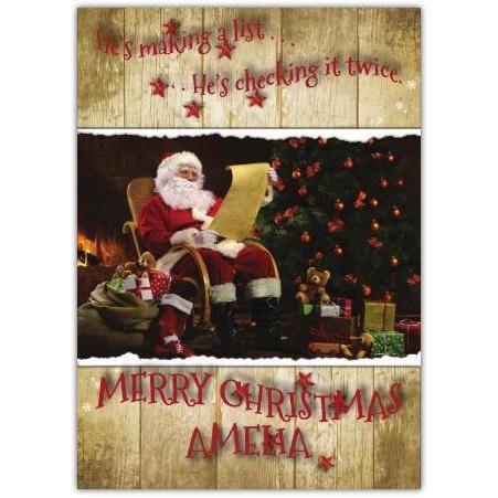 Personalised Merry Christmas Card He's Making A List And Checking It Twice Santa Design
