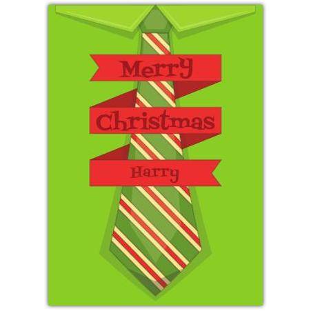 Personalised Green Striped Tie Christmas Card with Custom Name on Ribbon Design