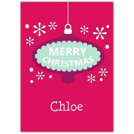 Personalised Purple Bauble Merry Christmas Card with Custom Name on Festive Red Background
