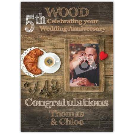 Personalised 5th Wood Wedding Anniversary Card with Photo and Congratulations Message