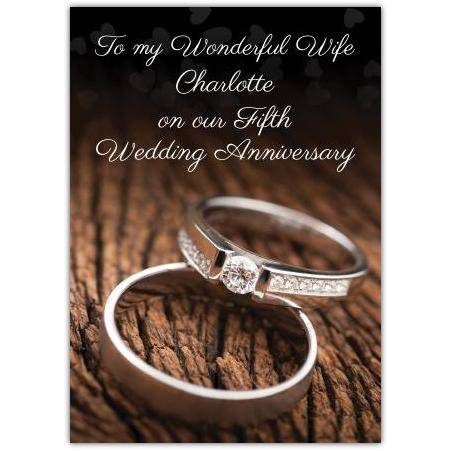 Personalised To My Wonderful Wife Diamond Ring 5th Wedding Anniversary Card on Wood Background