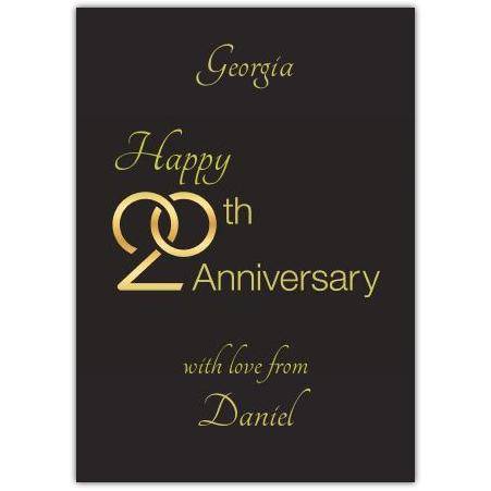 Personalised 20th Wedding Anniversary Card with Gold Rings and Custom Names on Black Background