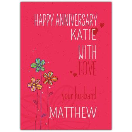 Personalised Husband Wedding Anniversary Card with Floral Design and Custom Names