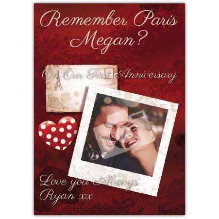 Personalised First Wedding Anniversary Card Remember Paris Couple Photo and Message