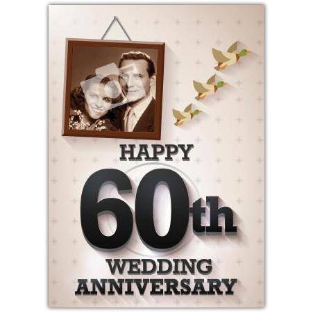 Vintage Style Happy 60th Wedding Anniversary Card with Customisable Photo Frame Design