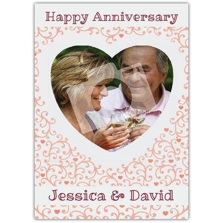 Personalised Happy Anniversary Photo Card with Heart Frame and Floral Design