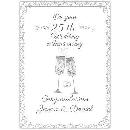 Personalised 25th Wedding Anniversary Card with Champagne Glasses and Silver Highlights