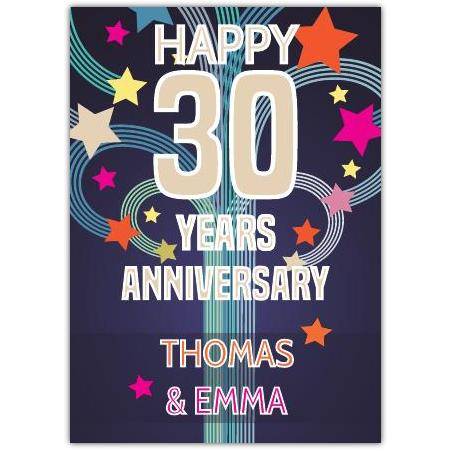 Personalised 30th Wedding Anniversary Card with Colourful Stars and Custom Names