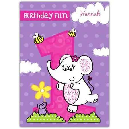 Happy 1st Birthday Girl Card with Cute Elephant and Personalised Name Option