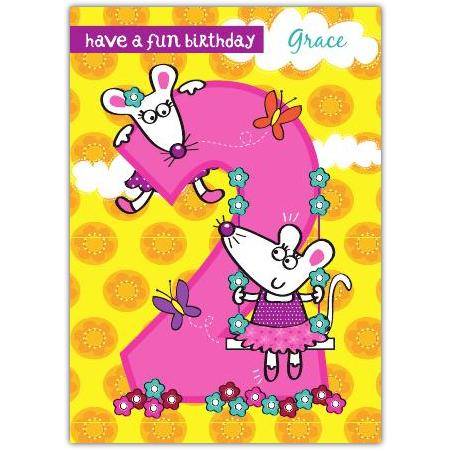Personalised 2nd Birthday Card with Cute Mice and Flowers Design for Toddler Girls