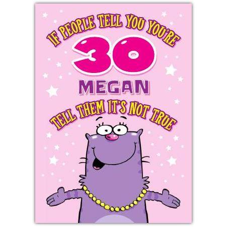 Personalised Funny 30th Birthday Card with Purple Cat and Custom Name in Pink Design