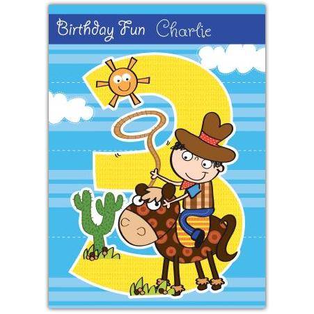 Personalised Cowboy Riding Horse 3rd Birthday Card for Boys with Name Option