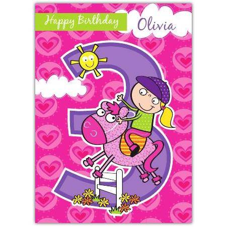 Personalised Cowgirl 3rd Birthday Card for Girls with Pink Horse Design