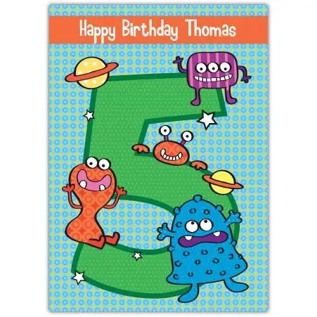 Personalised Happy 5th Birthday Card with Colourful Cartoon Aliens for Kids
