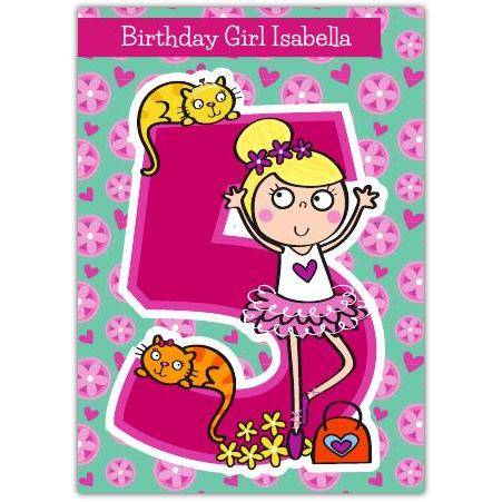 Personalised 5th Birthday Card for Girls with Flower Girl and Cats Design
