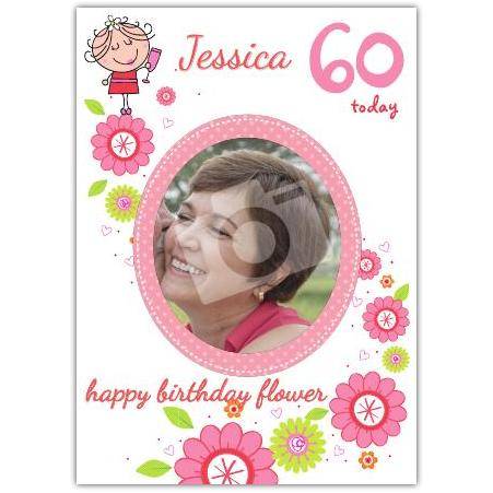 Personalised Floral Photo Frame 60th Birthday Card for Her with Custom Age and Name