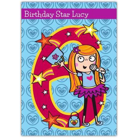 Personalised Birthday Star Girl Singing Age 6 Card for Girls with Name Option