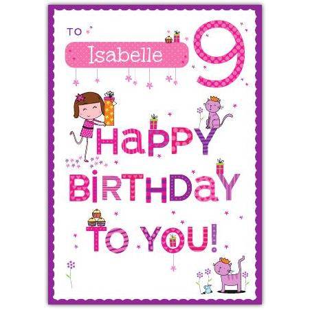 Personalised 9th Birthday Card for Girls Happy Birthday to You with Cute Characters