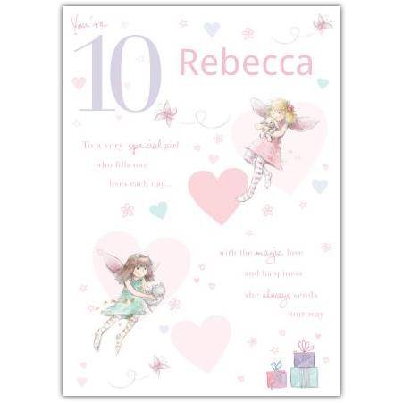 Personalised Girls 10th Birthday Card with Fairies and Hearts Design