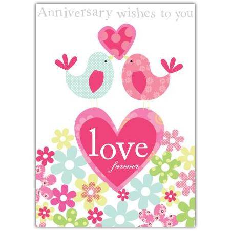 Love Birds and Heart Floral Anniversary Card with Personalised Wishes