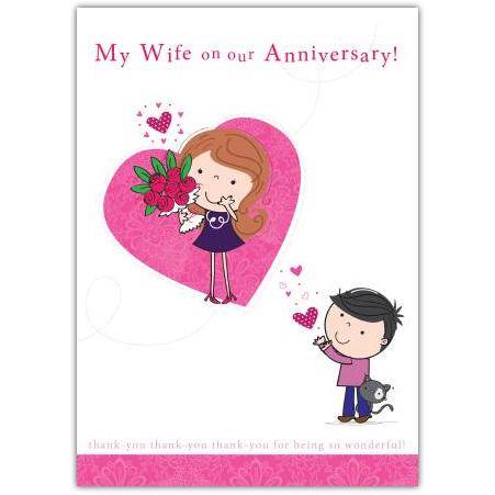 Anniversary Card for Wife Cute Romantic Couple with Flowers and Hearts Design