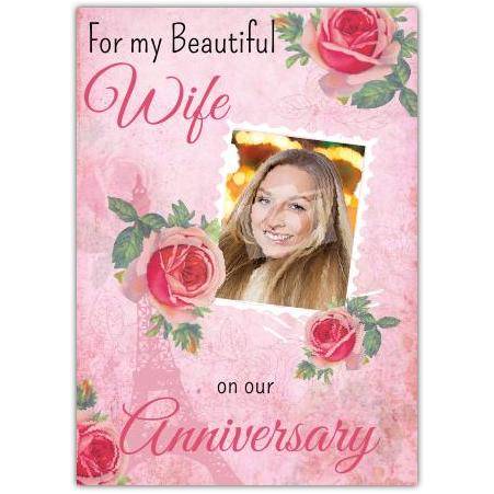 Personalised Anniversary Card for Wife with Floral Rose Design and Photo Upload Option