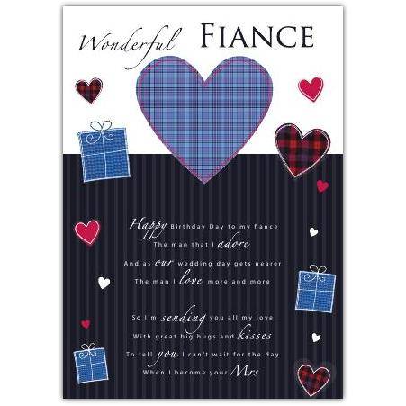 Wonderful Fiancé Birthday Card with Hearts and Gift Design for Romantic Celebration