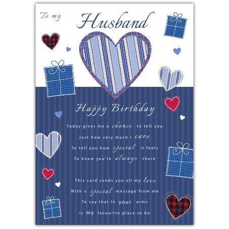 To My Husband Happy Birthday Card with Hearts and Gifts Design Personalised Cover Option