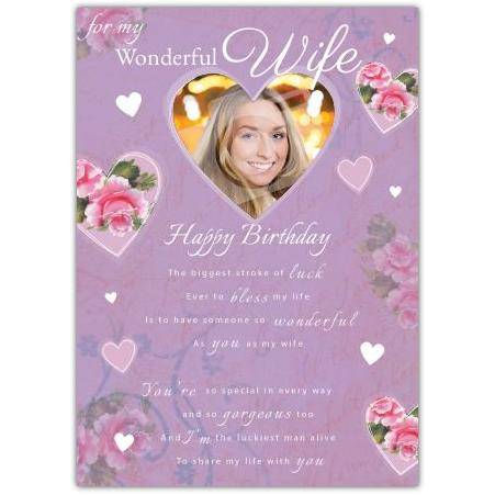 Happy Birthday Card for Wonderful Wife with Photo and Heart Floral Design