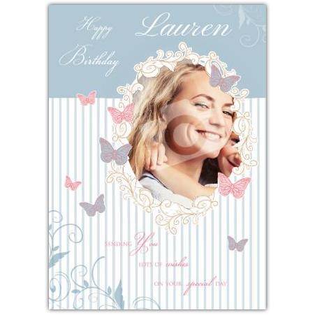 Personalised Happy Birthday Card with Butterflies and Photo Frame Design