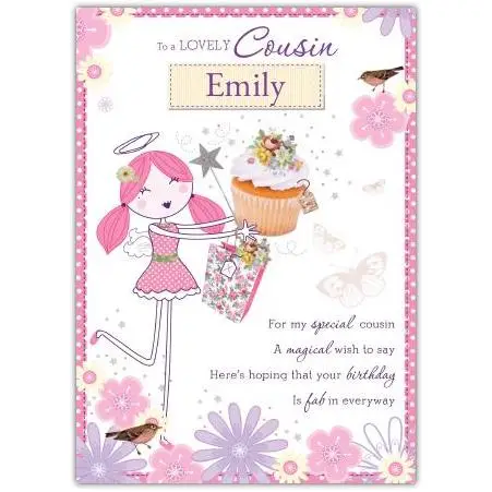 Lovely Angel Fairy Birthday Card for Cousin Personalised with Name in Pink Design