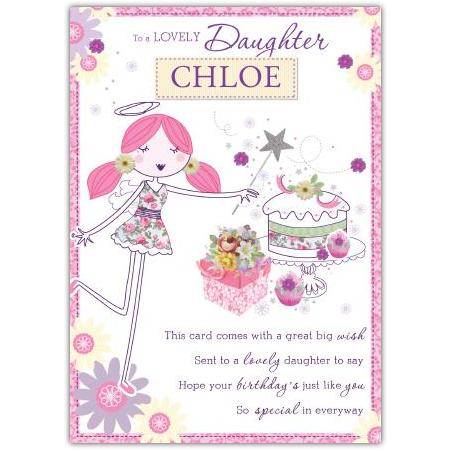 Personalised Lovely Daughter Angel Birthday Card with Cake and Flowers Design