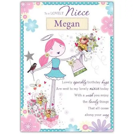 Lovely Angel Birthday Card for Niece Personalised with Name Megan