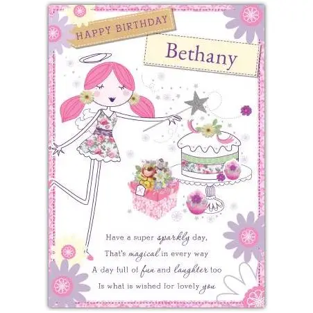 Personalised Happy Birthday Angel Card with Magical Sparkly Design for Girls