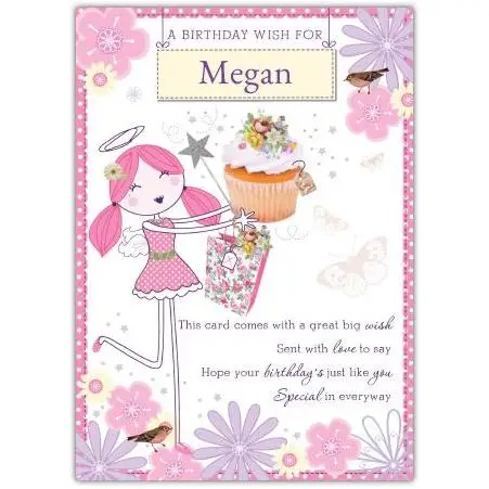 Personalised Birthday Wish Angel and Cupcake Greeting Card for Girls