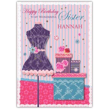 Personalised Happy Birthday Card for Sister with Fashion Dress and Gift Boxes Design