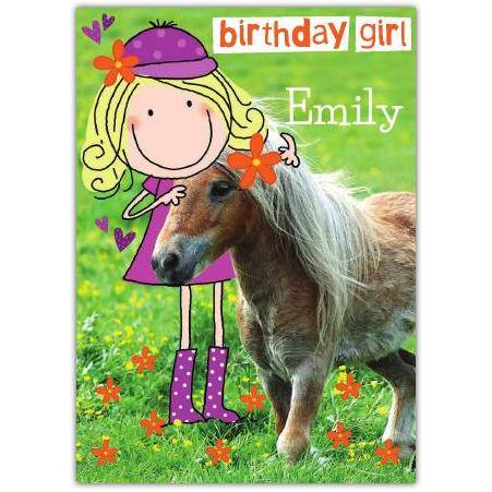 Personalised Cute Pony Birthday Card for Girls with Cartoon Character and Name Option