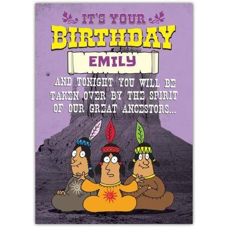 Personalised Native Spirit Birthday Card with Humorous Dancing Ancestors Design