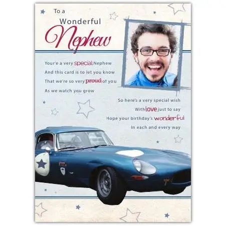Wonderful Nephew Birthday Card with Classic Sports Car and Personalised Photo Option