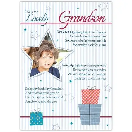 Personalised Lovely Grandson Birthday Card with Photo and Poem Design