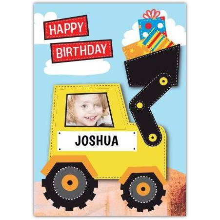 Personalised Happy Birthday Digger Construction Truck Card for Kids with Photo Option
