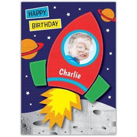 Personalised Happy Birthday Rocket Ship Photo Card for Kids Space Theme